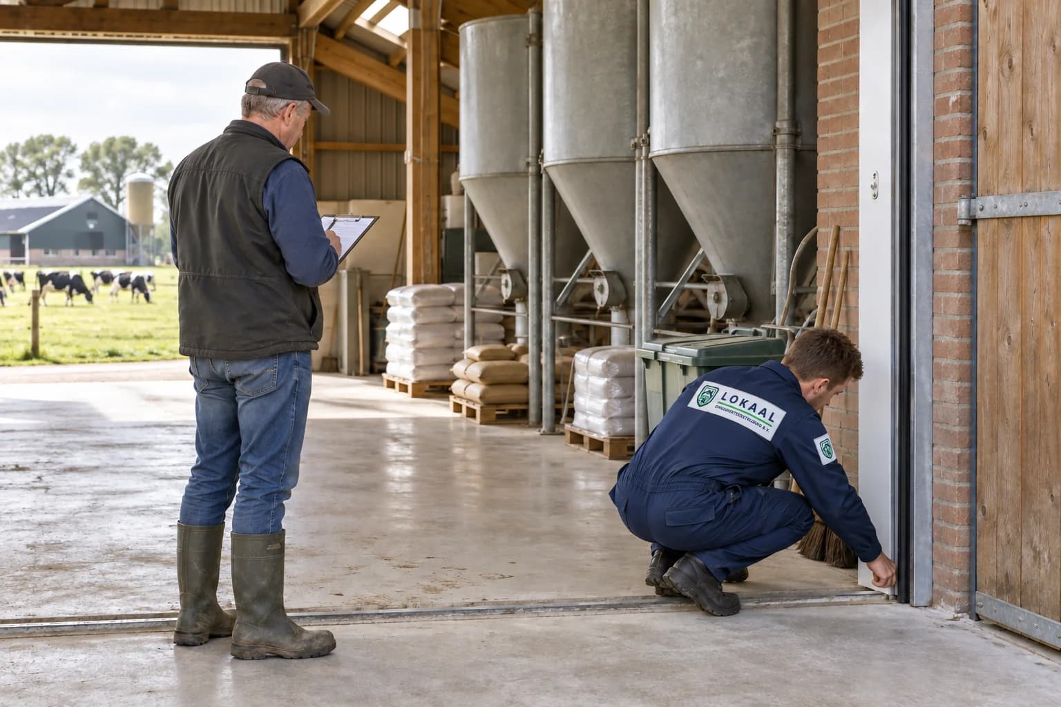 Specialist en agrariër bij de controle van een voeropslag — illustratief beeld
