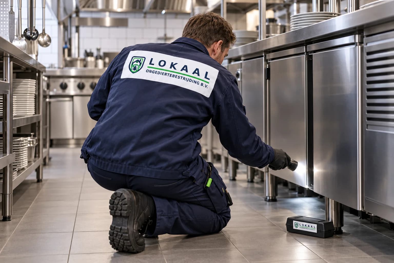 Specialist inspecteert onder keukenapparatuur in de horeca — illustratief beeld