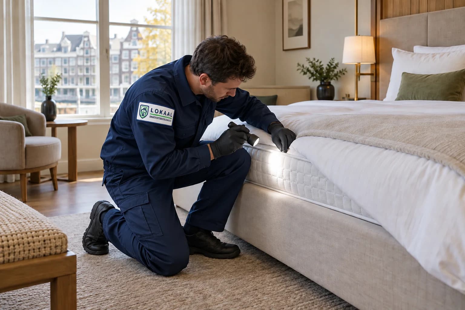 Specialist controleert een matrasnaad in een hotelkamer — illustratief beeld