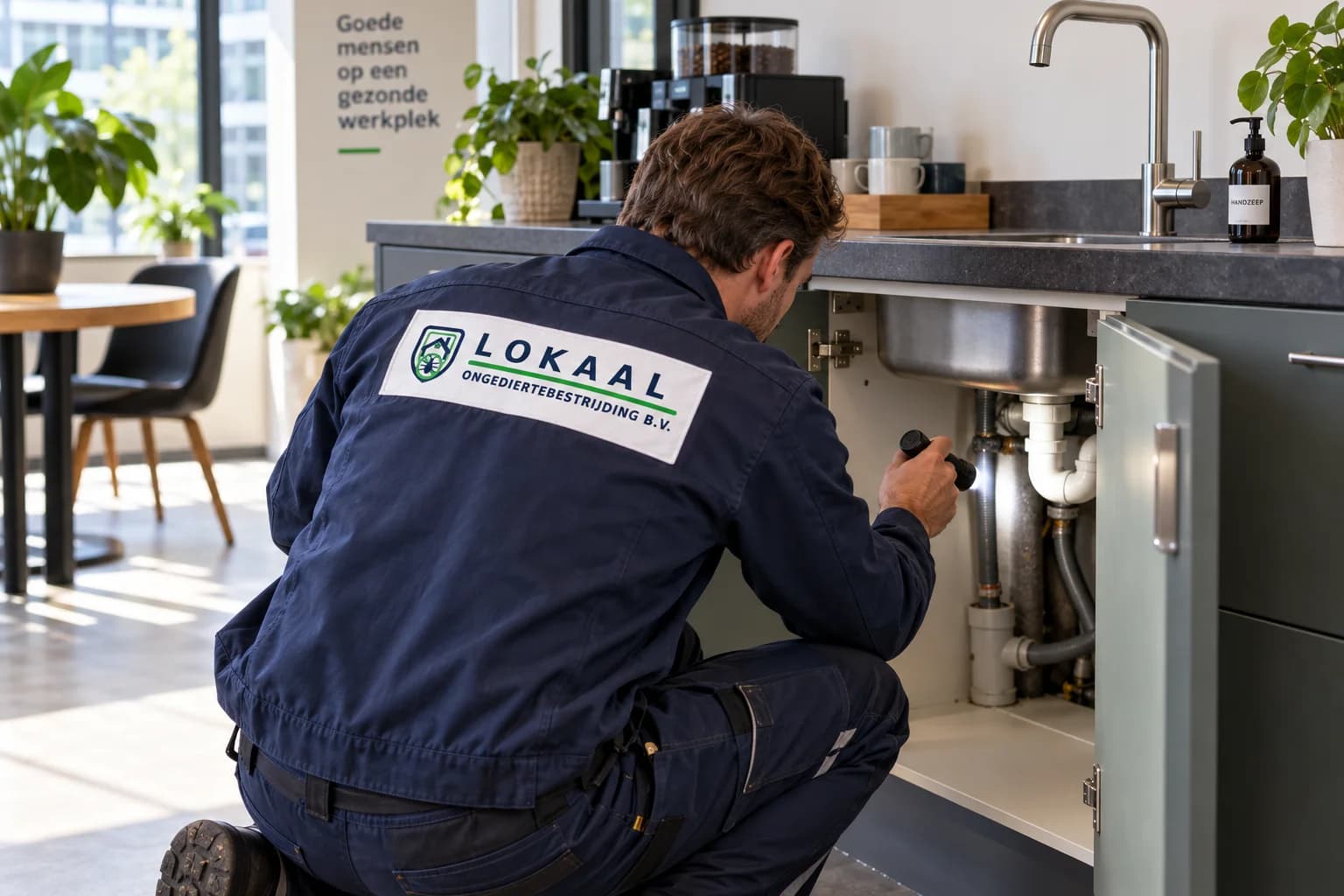 Specialist controleert leidingdoorvoeren in een kantoorpantry — illustratief beeld