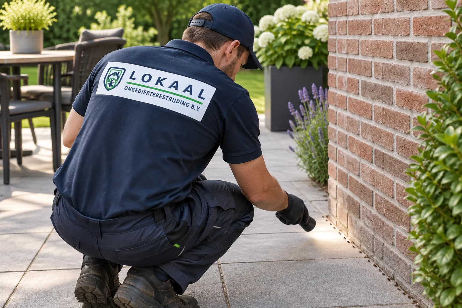 Specialist onderzoekt een mierenspoor langs een terras — illustratief beeld