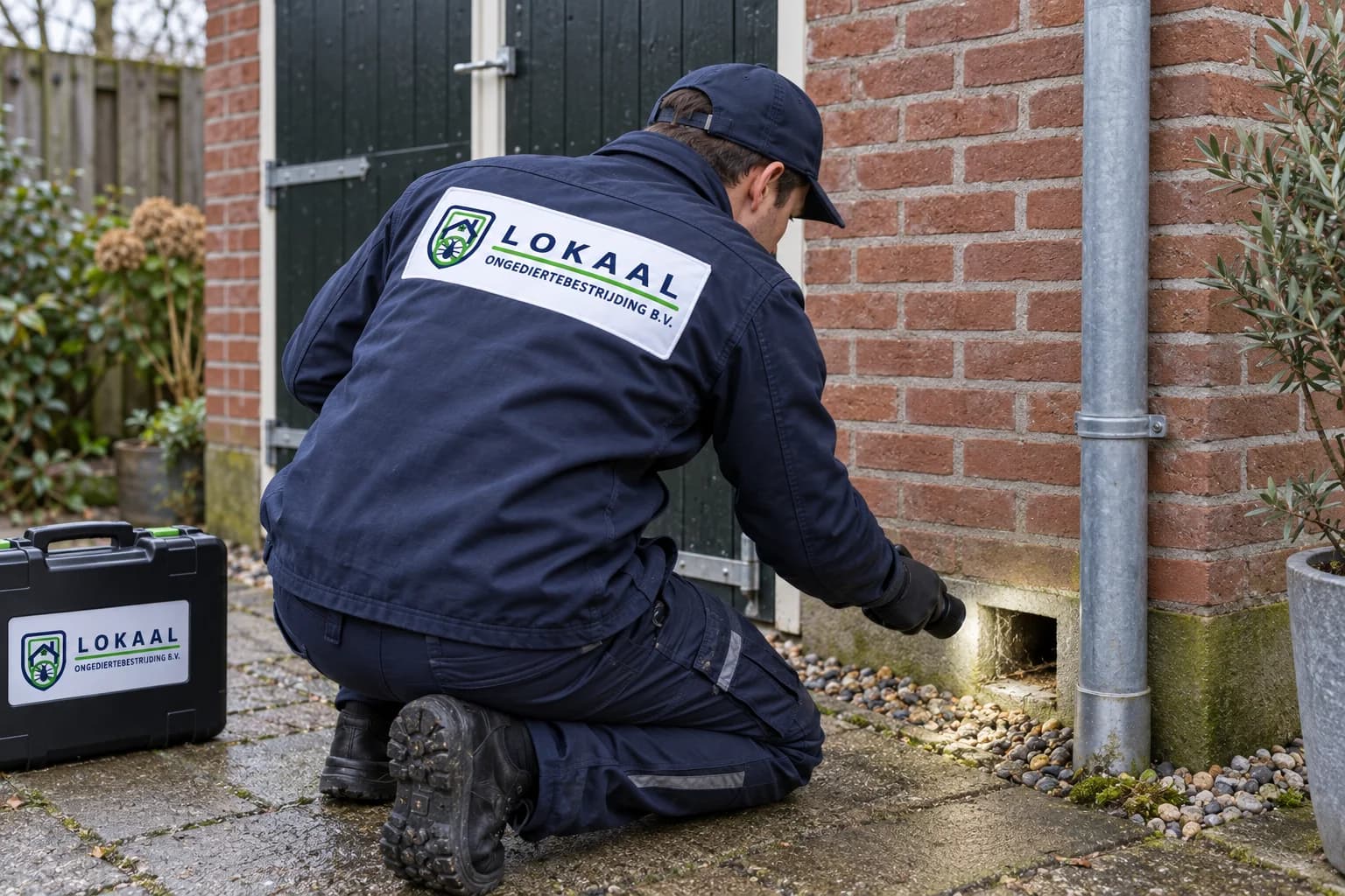 Specialist onderzoekt een opening bij de fundering van een schuur — illustratief beeld