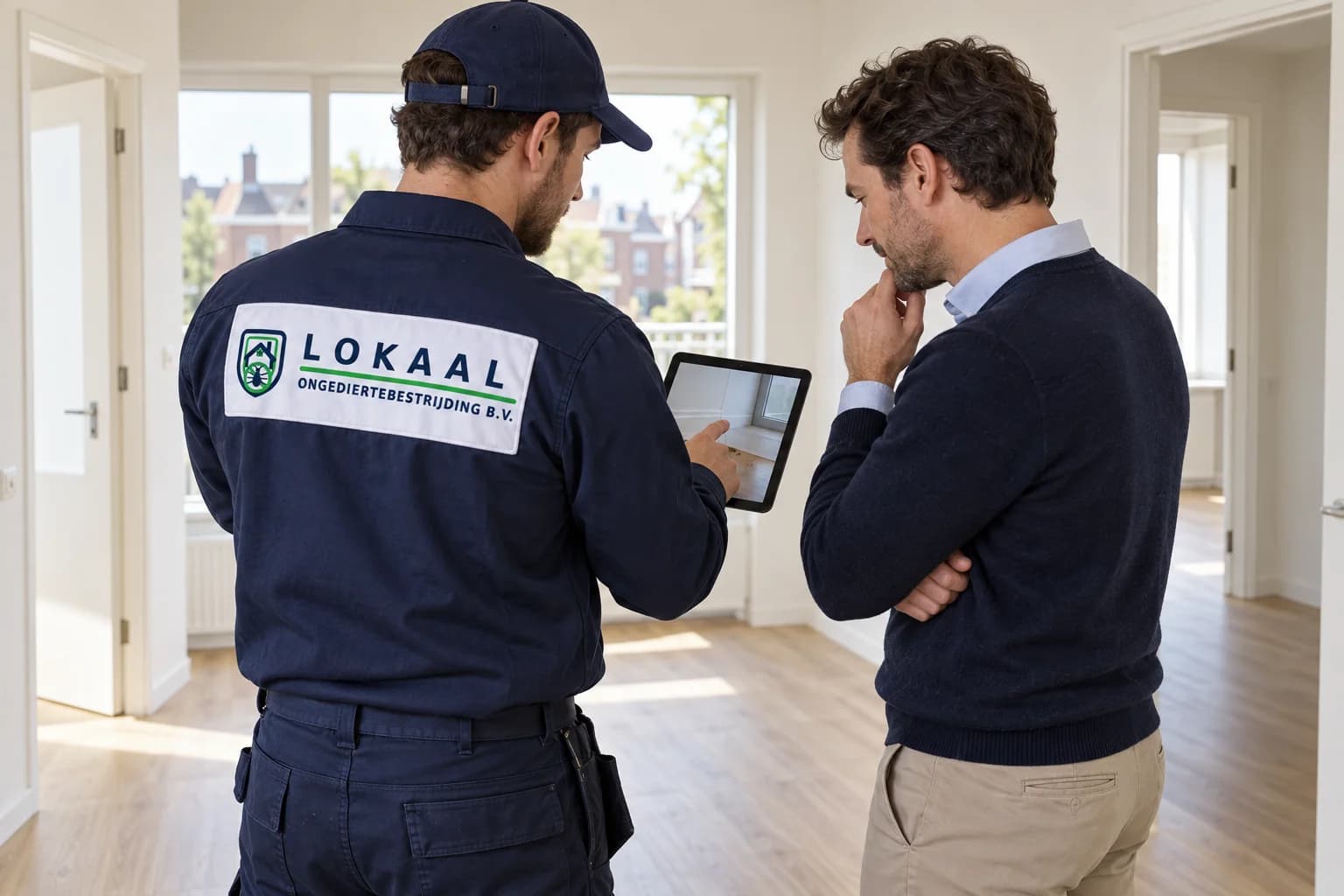 Specialist bespreekt een inspectie met een vastgoedbeheerder — illustratief beeld