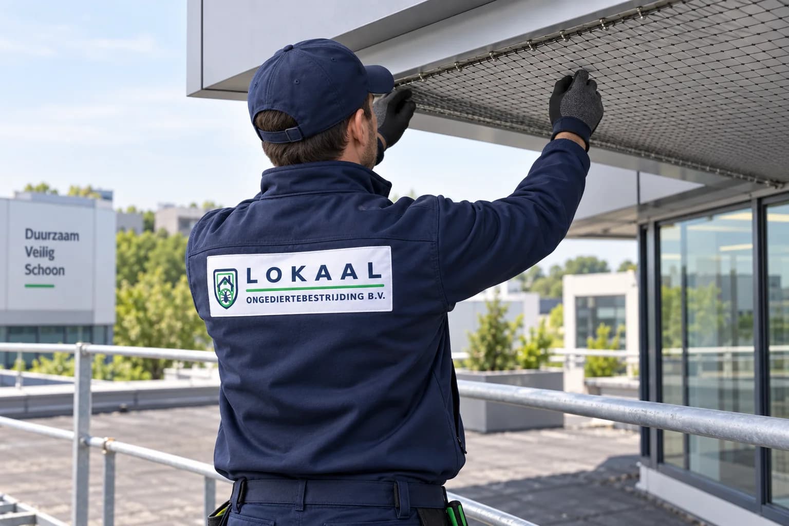Specialist controleert vogelwering bij een overkapping — illustratief beeld