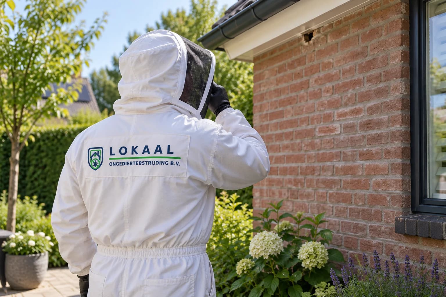 Specialist in beschermende kleding beoordeelt een invliegopening van wespen — illustratief beeld