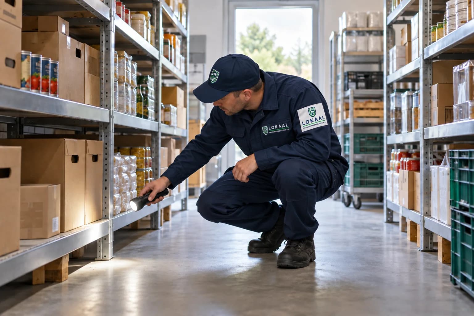 Specialist inspecteert de voorraadruimte van een winkel — illustratief beeld