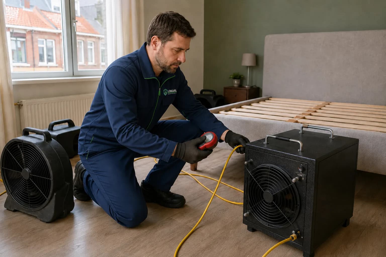 Specialist stelt de kachels voor een hittebehandeling in bij een leeggehaald bed