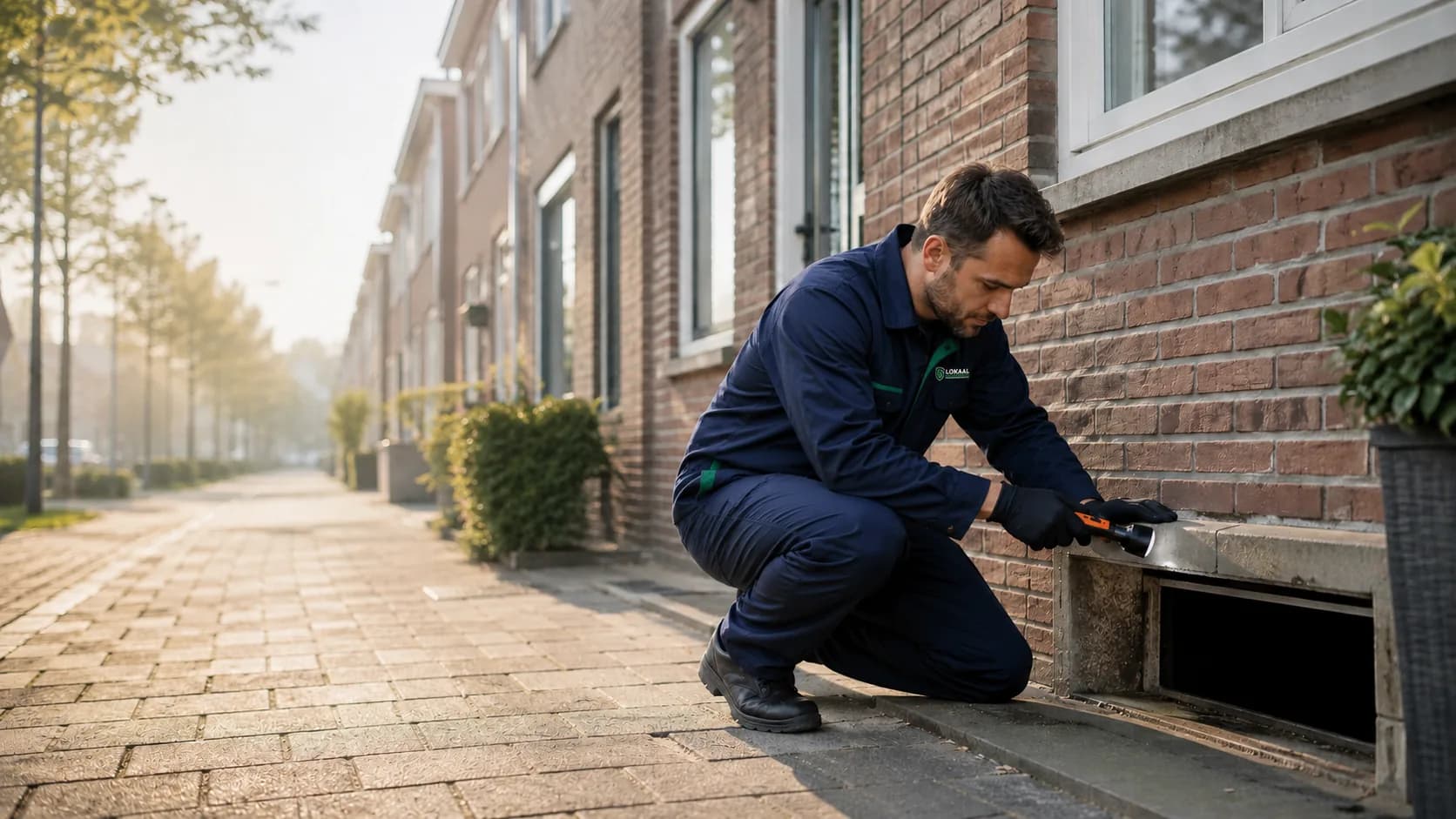 Specialist met LOKAAL-logo onderzoekt een opening onder de gevel van een woning