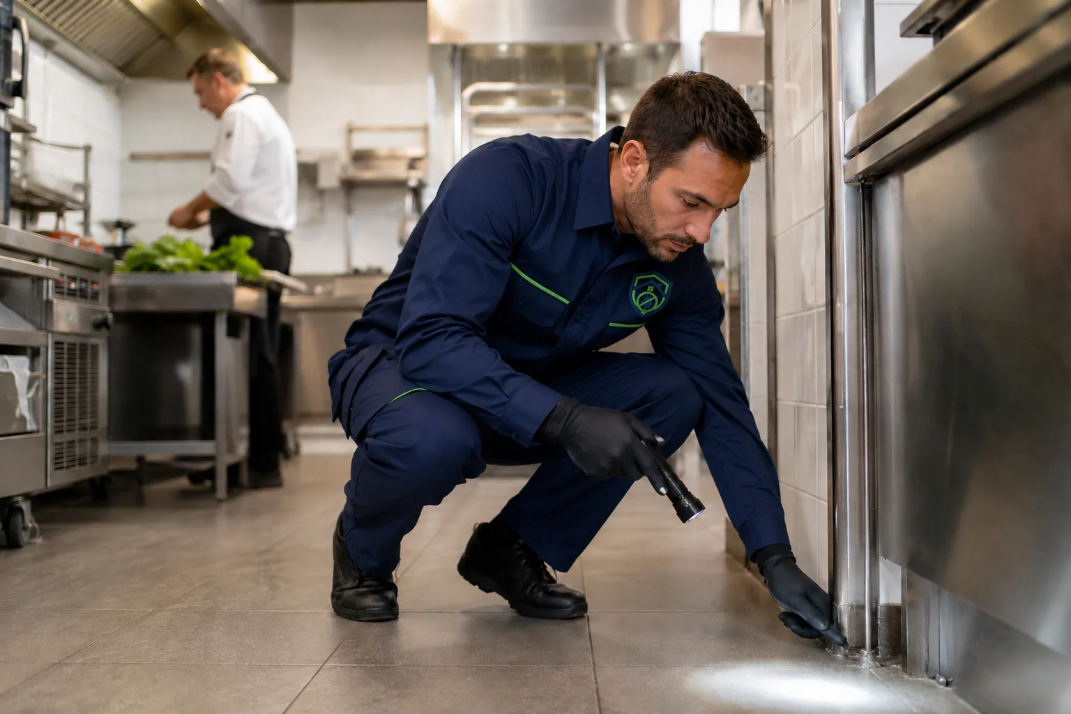 Specialist inspecteert met een zaklamp de plint onder een roestvrijstalen keukenblok terwijl de kok doorwerkt