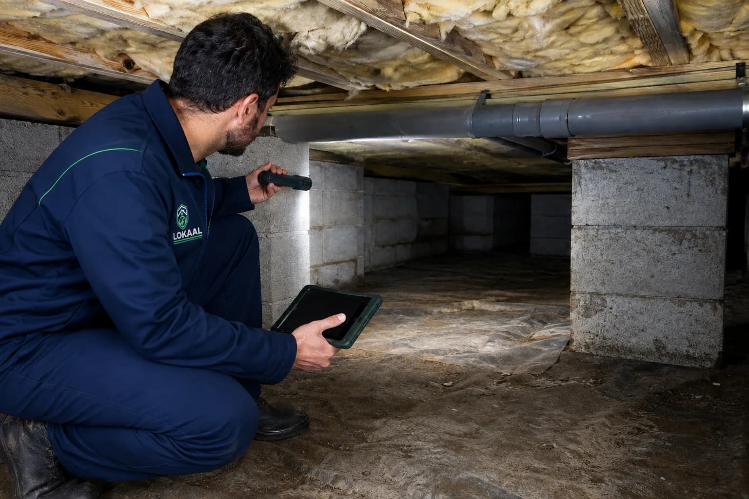 Specialist inspecteert met zaklamp en tablet de kruipruimte onder een woning
