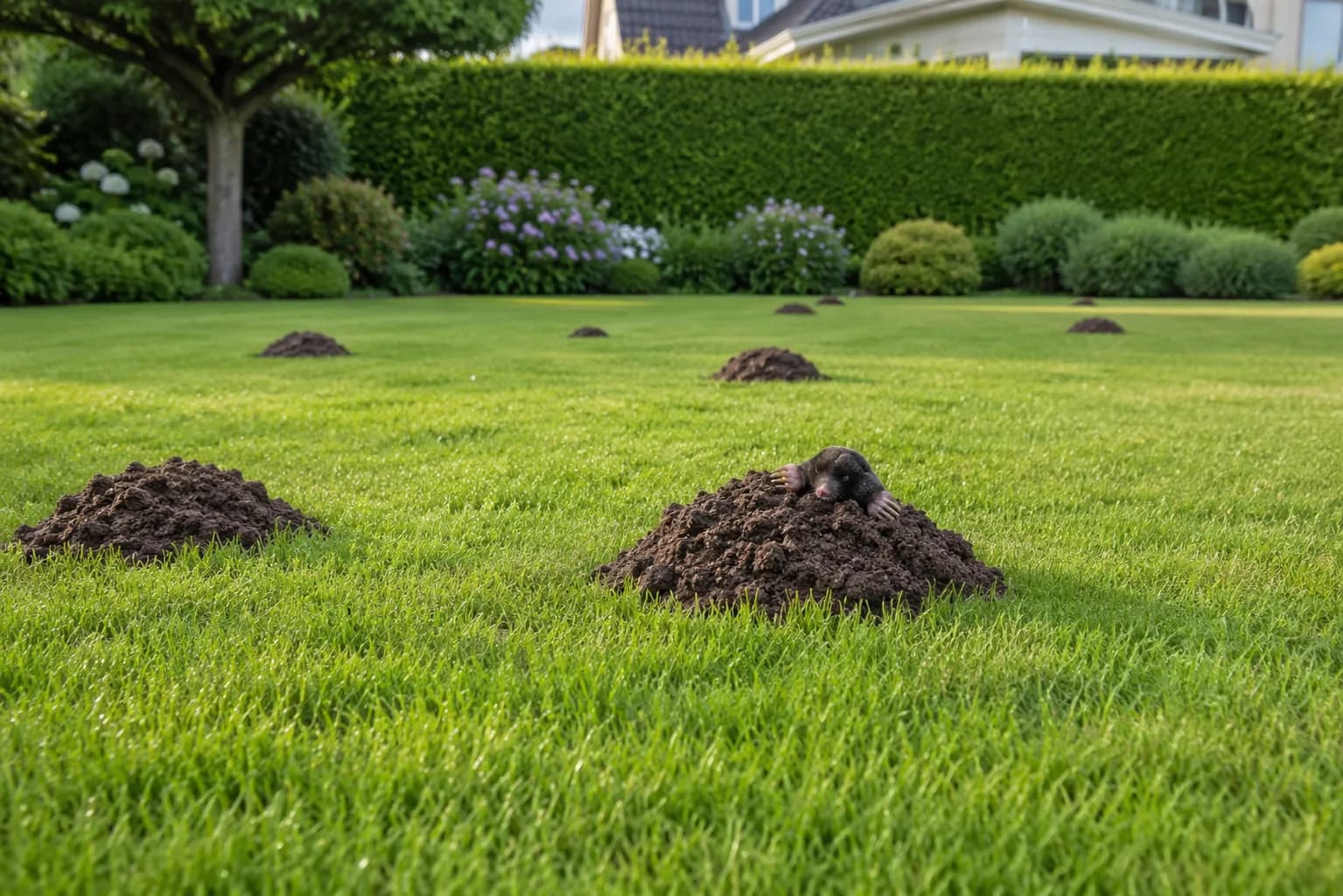 Verse molshopen in een gazon bij een woning, met een mol in de voorste hoop
