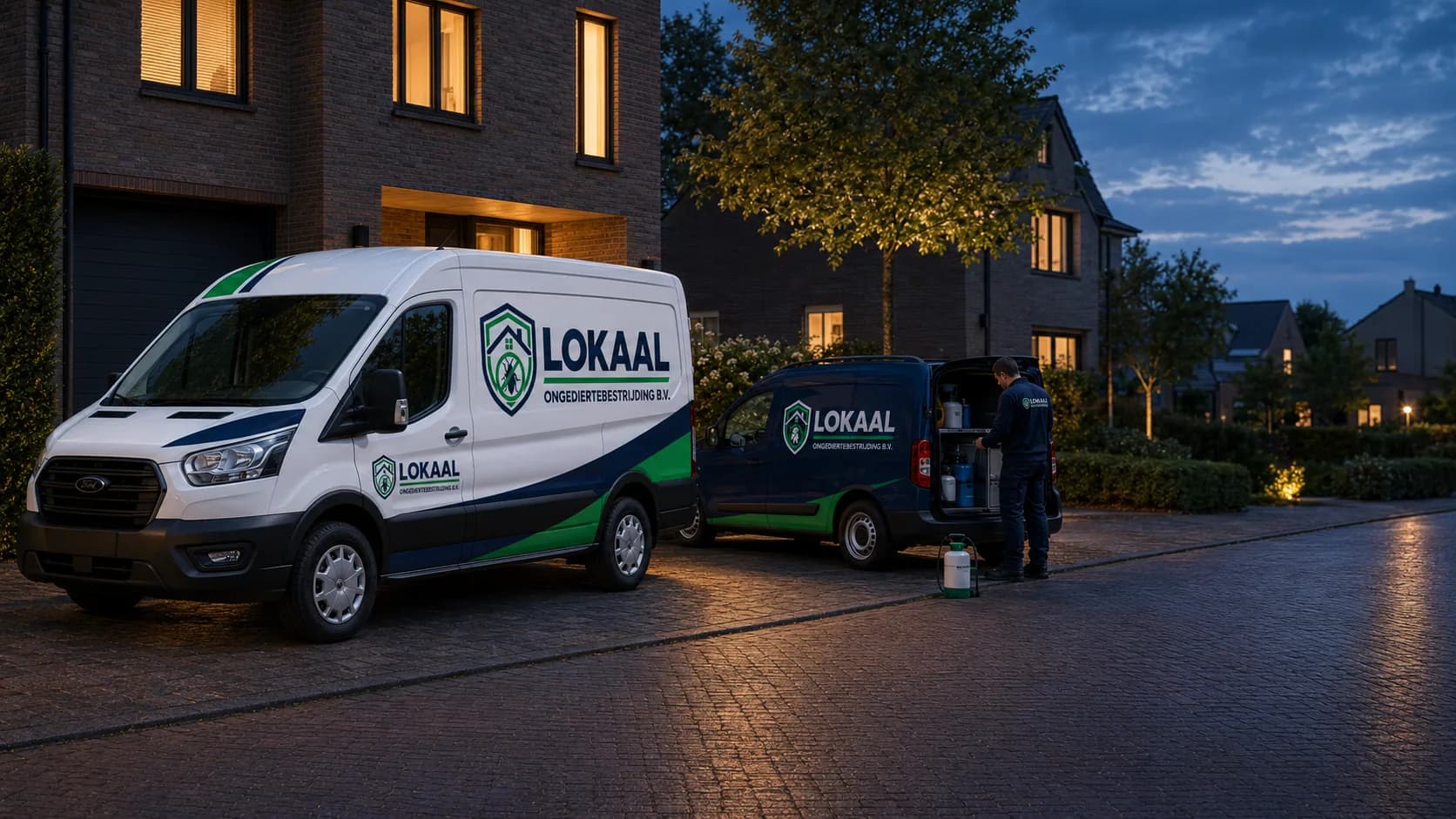 Servicewagens met LOKAAL-logo bij een woning in de avond