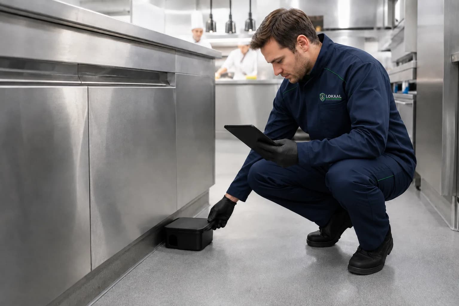 Specialist controleert met een tablet een monitoringpunt onder een werkbank in een professionele keuken