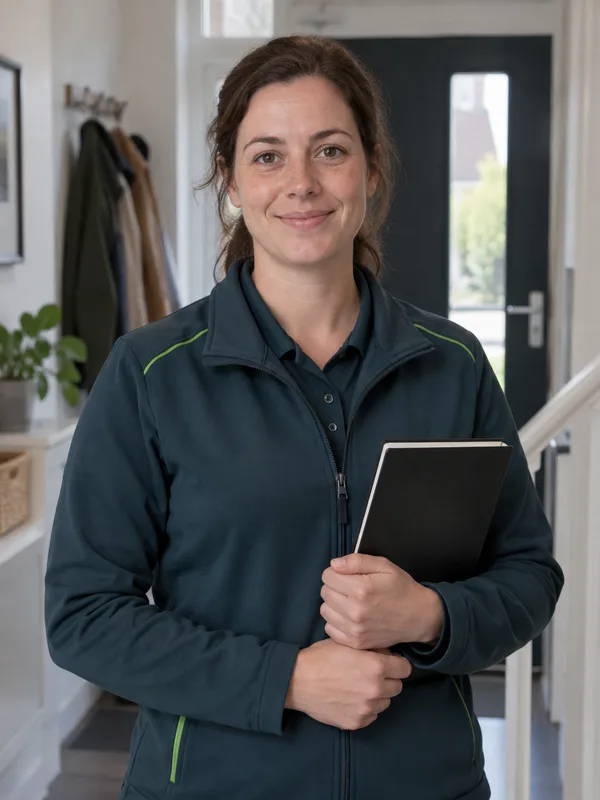 Fotorealistisch AI-personage Sanne in petrolgroene werkkleding