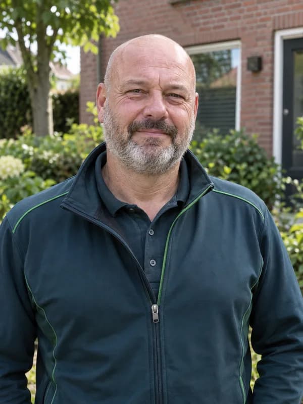 Fotorealistisch AI-personage Peter in petrolgroene werkkleding