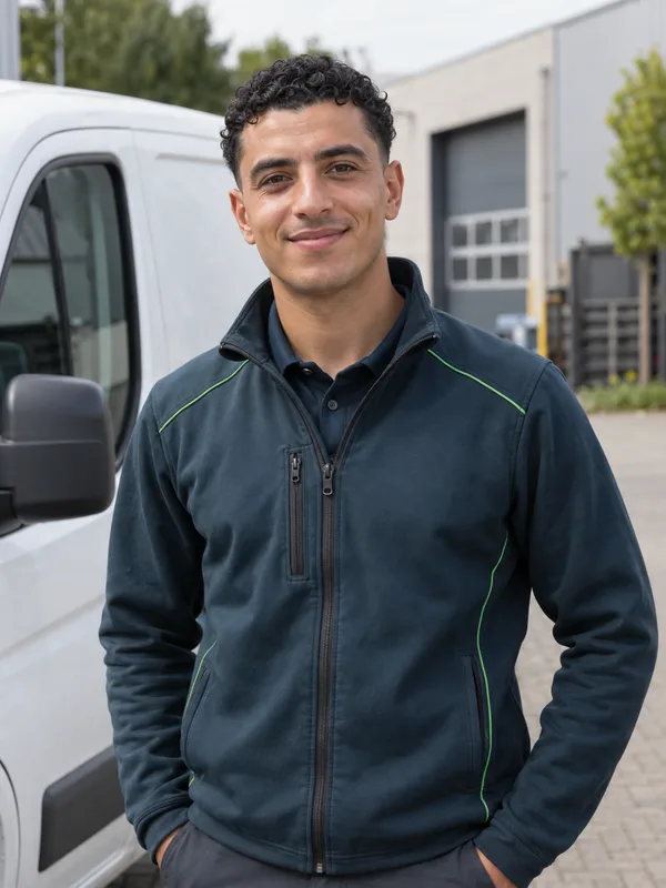 Fotorealistisch AI-personage Yassin in petrolgroene werkkleding