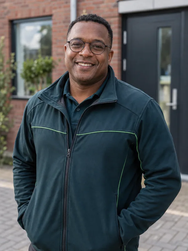 Fotorealistisch AI-personage Ruben in petrolgroene werkkleding