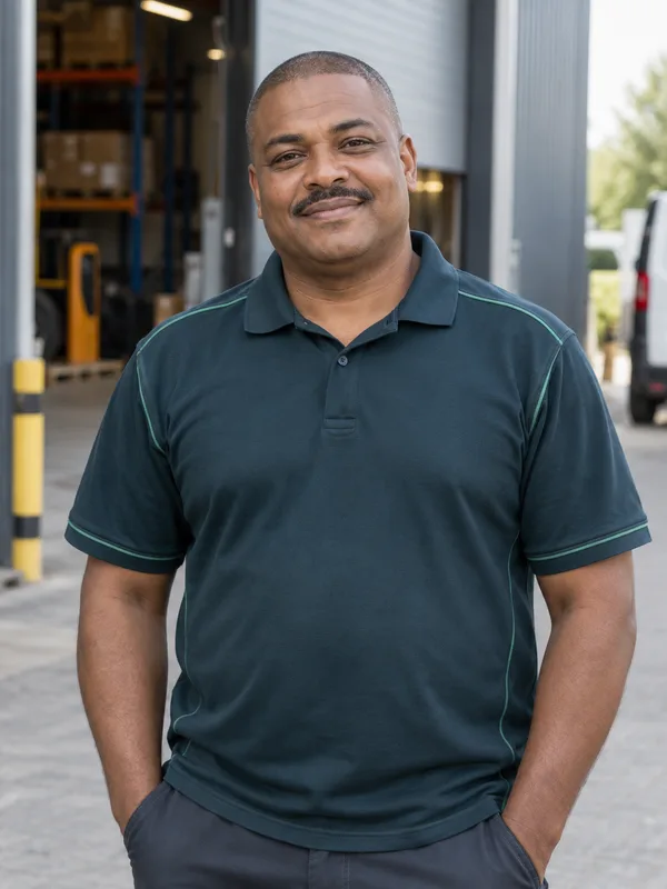 Fotorealistisch AI-personage Patrick in petrolgroene werkkleding