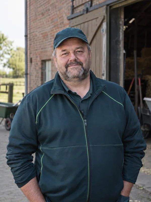 Fotorealistisch AI-personage Bert in petrolgroene werkkleding