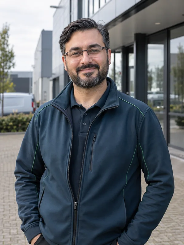 Fotorealistisch AI-personage Emre in petrolgroene werkkleding