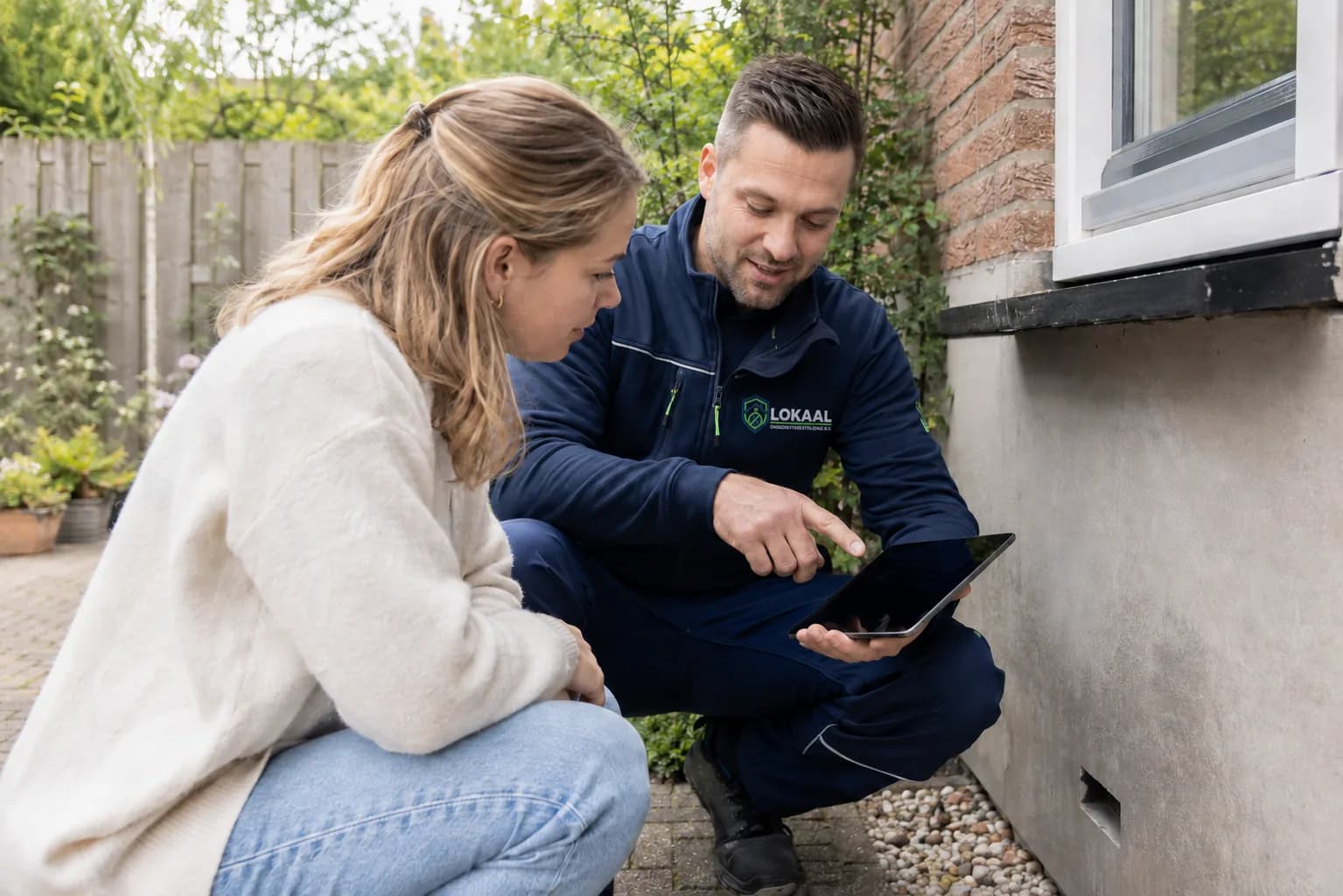 Specialist wijst een bewoner op een tablet aan welke plek in de gevel aandacht nodig heeft