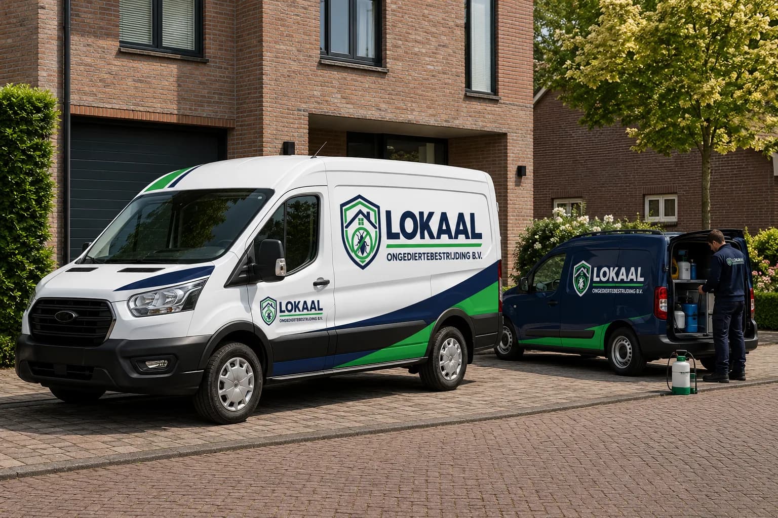 Witte en blauwe servicewagen met LOKAAL-logo bij een woning