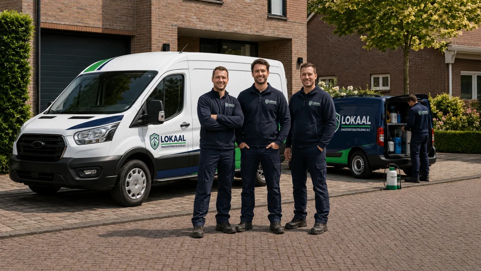 Drie medewerkers in bedrijfskleding voor twee bedrijfswagens in een woonstraat