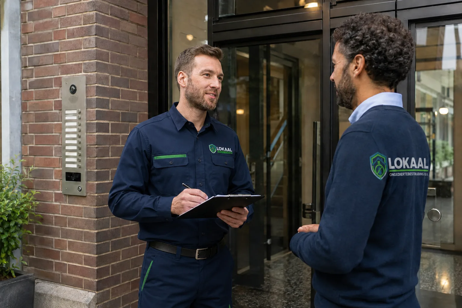 Specialist bespreekt zijn bevindingen met een beheerder bij de entree van een appartementengebouw