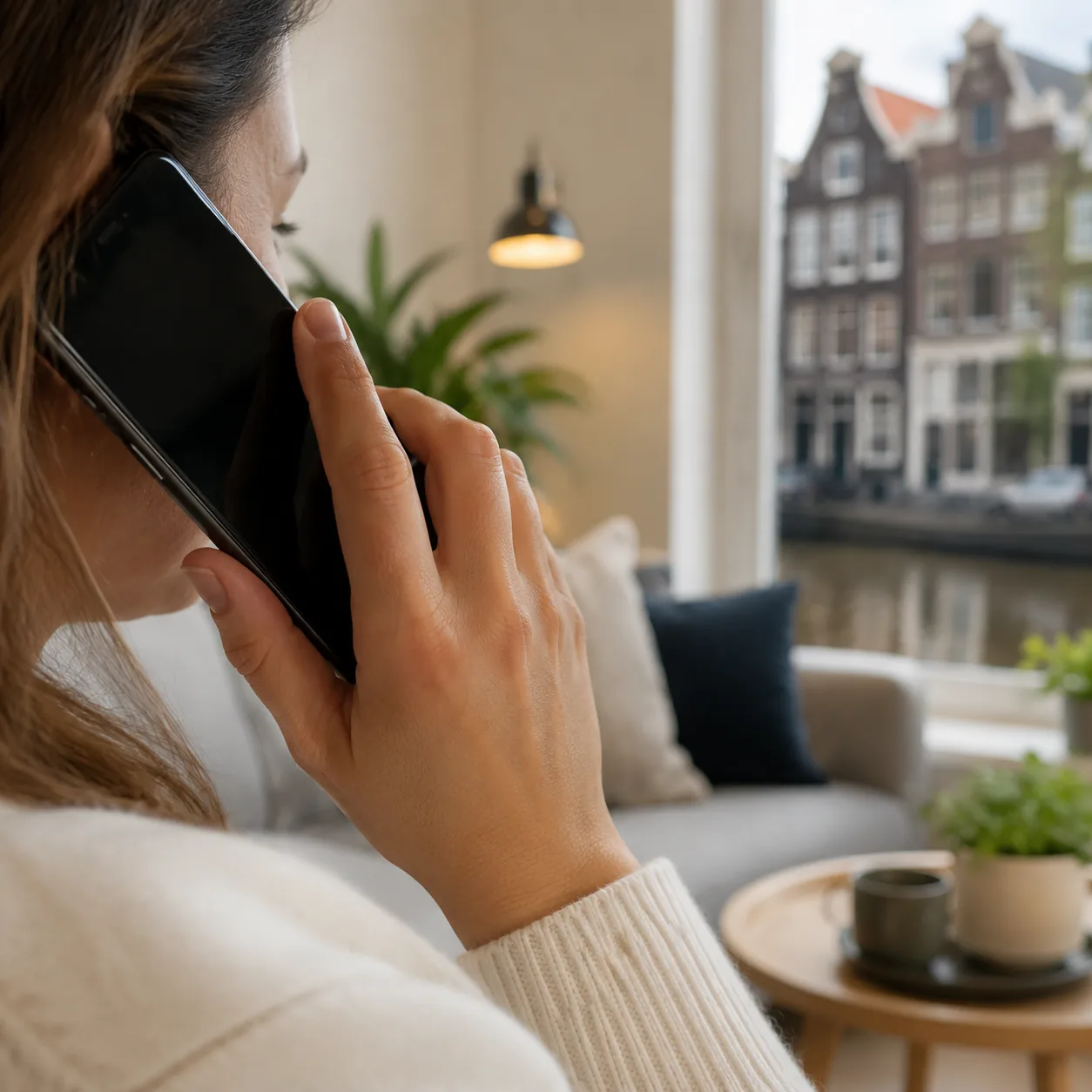 Bewoner belt vanuit haar woonkamer, met uitzicht op een gracht