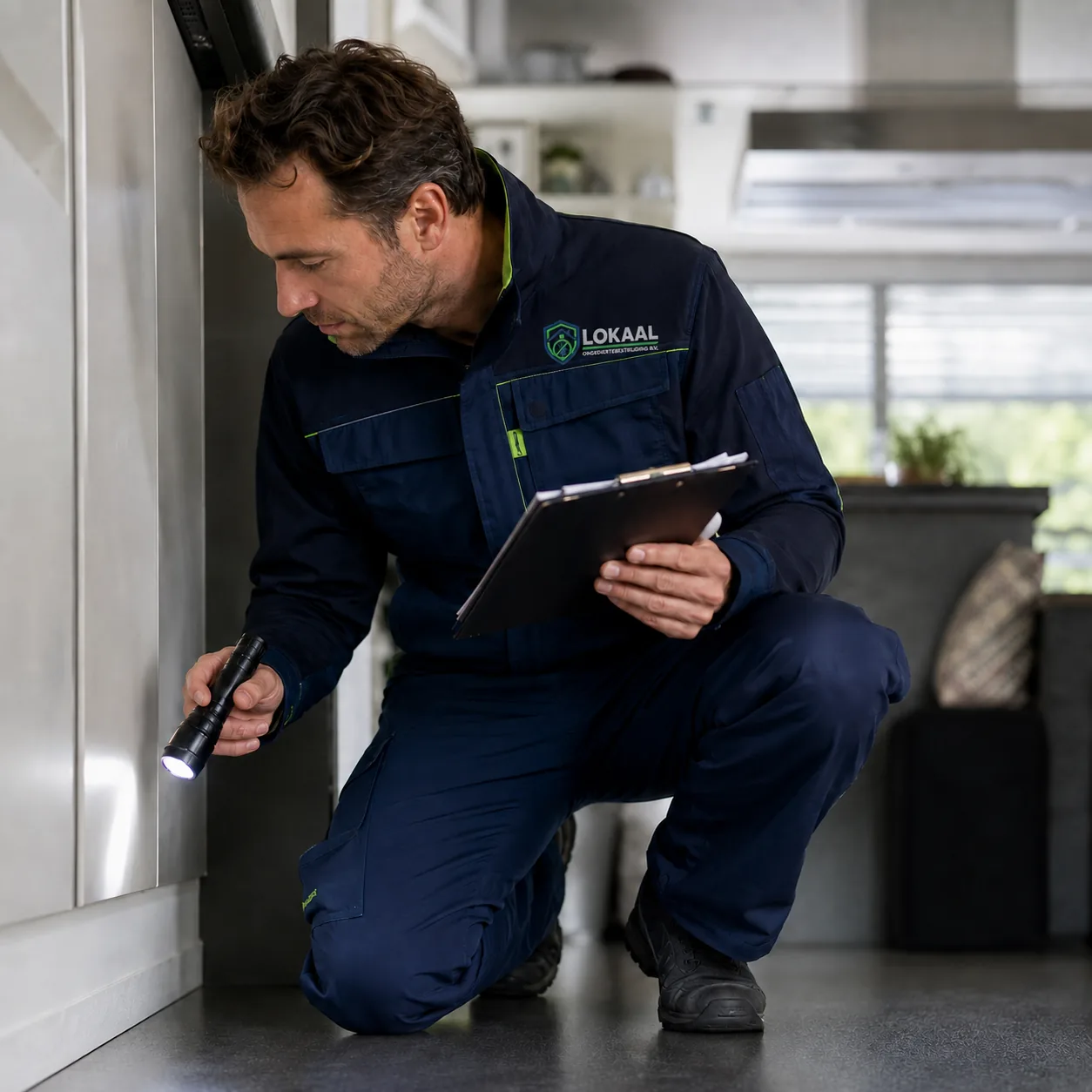 Specialist met LOKAAL-logo, zaklamp en klembord inspecteert de onderzijde van een kast