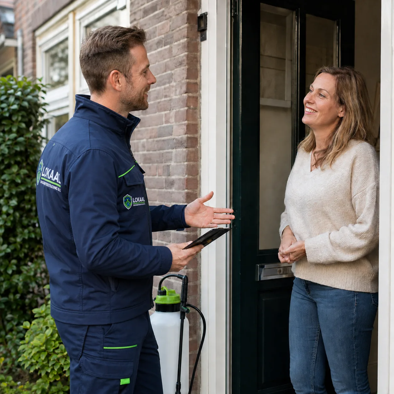 Specialist legt bij de voordeur aan een bewoner uit wat hij gaat doen, met de apparatuur bij de hand