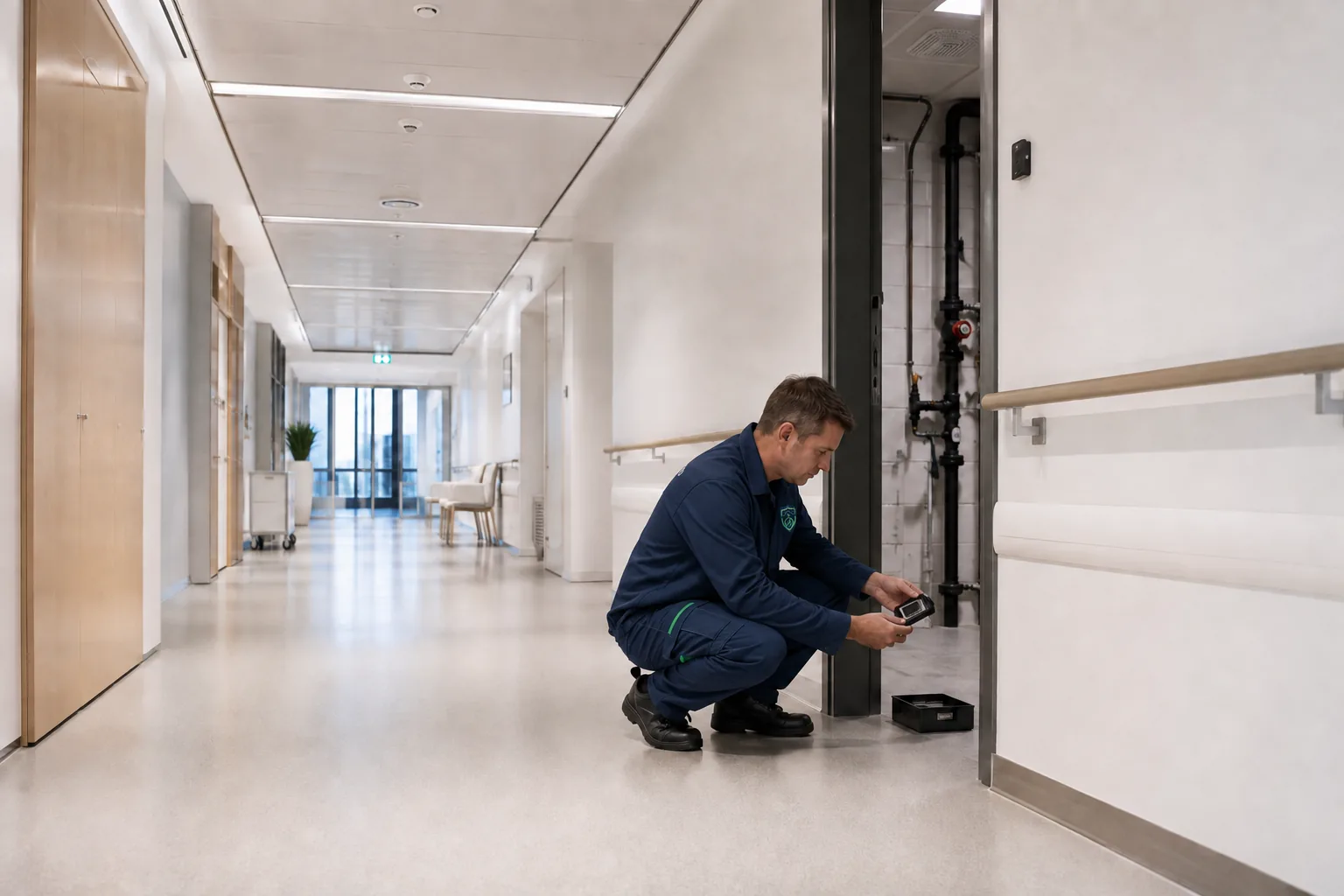 Specialist plaatst een monitoringpunt in een technische schacht op de gang van een zorginstelling